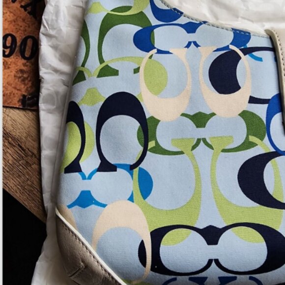 VTG Coach Signature Leather Trim Blue & White Hobo Bag Purse w/Matching Wristlet - Picture 9 of 14